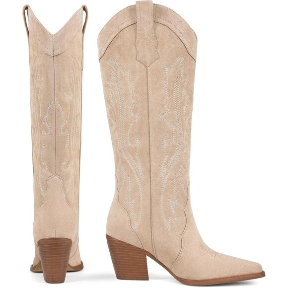 Women's Beige Suede Cowgirl Boots Knee High Pointed Toe Tall Block Heel Boots - Picture 4 of 7